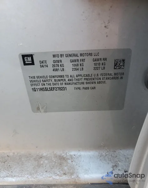 2014 Chevrolet Malibu Ltz from USA, damaged, VIN 1G11H5SL5EF278231